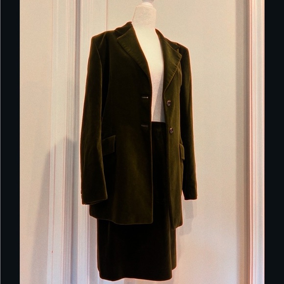 Burberry 1990’s RARE Green/Brown Velvet Blazer Classic Suit Jacket Set - Picture 1 of 12